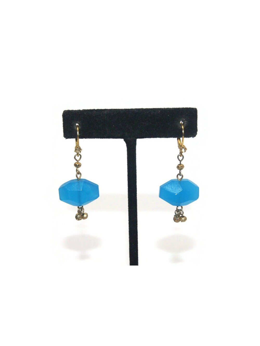 Vintage Gold Tone, Blue Glass Bead and Clear Rhinestones Dangle Earrings.